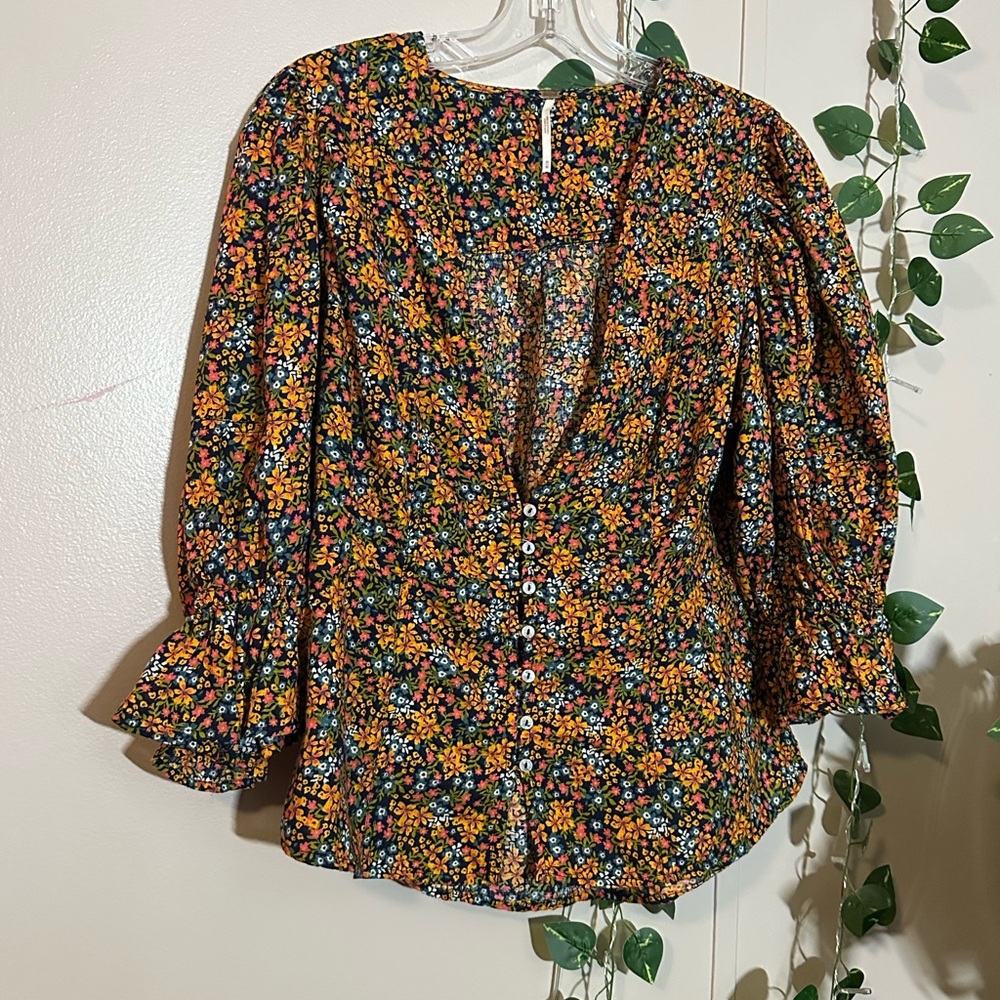 Free People Womens Found You Floral Print Button Front Blouse